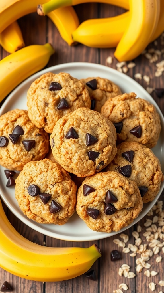 A plate of golden-brown banana oatmeal cookies with chocolate chips, fresh bananas, and oats on a rustic wooden table.